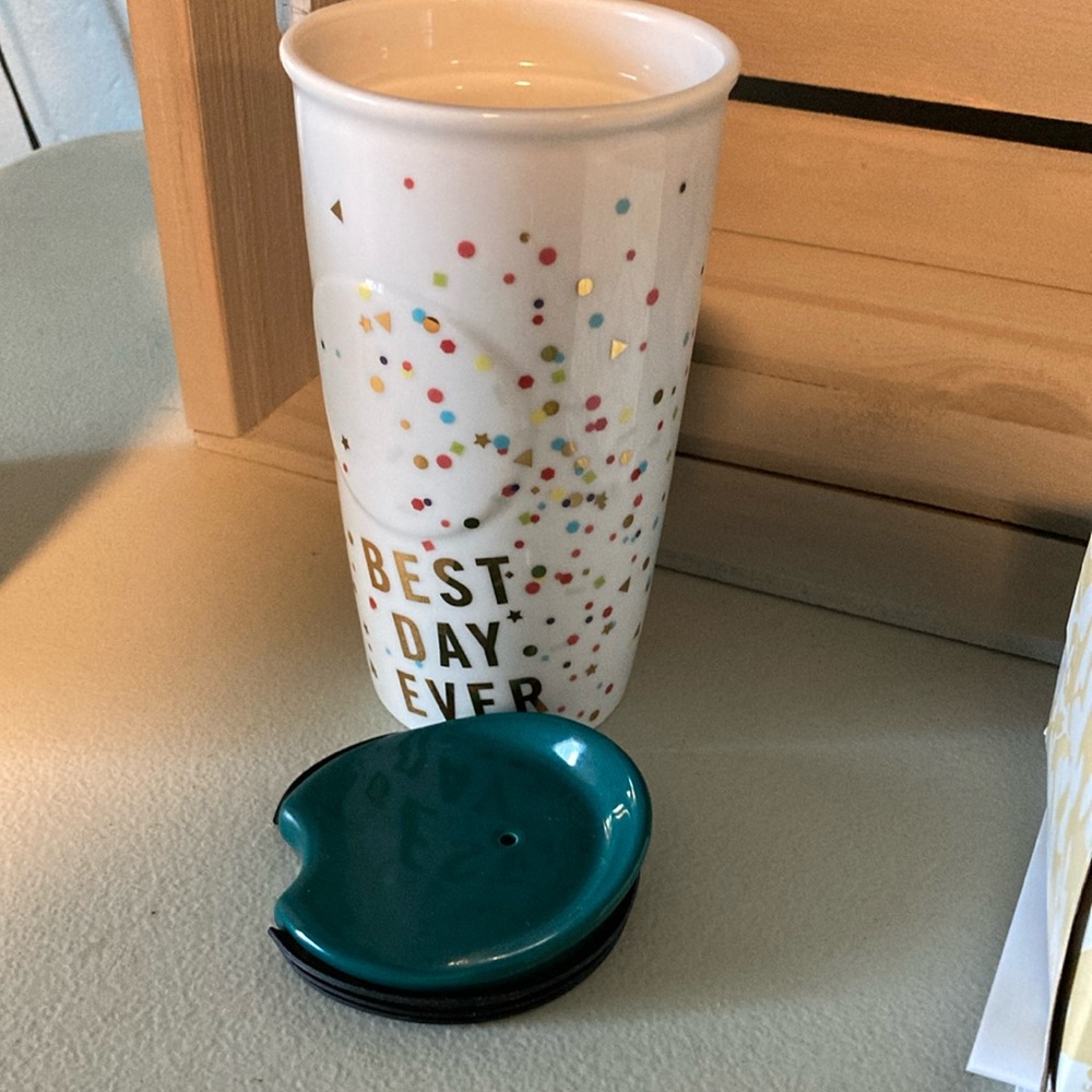 Starbucks White Tumbler with Colorful Confetti and Green Lid - Picture 4 of 5